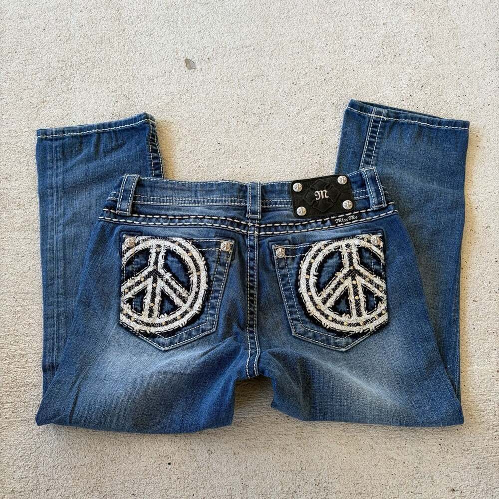 Miss Me Mid-Rise Cuffed Capri Jeans Peace Sign Pockets Size 28